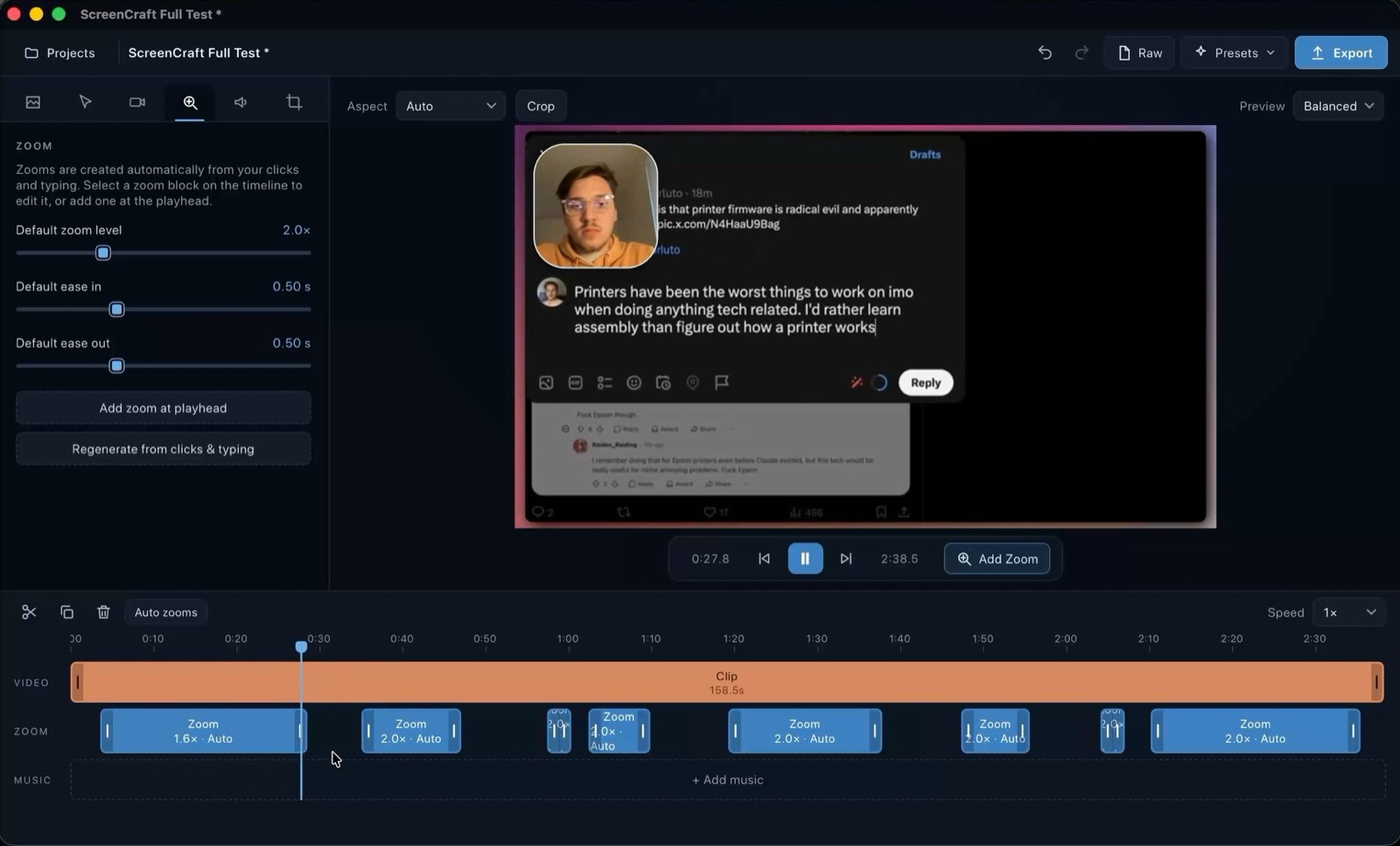 The ScreenCraft editor with the zoom panel open, a zoomed preview and zoom blocks on the timeline