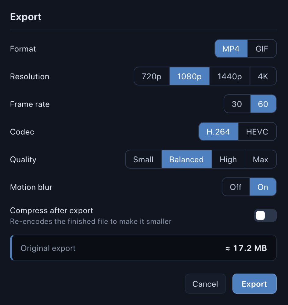 The export dialog: format, resolution, frame rate, codec, quality, motion blur and compress after export