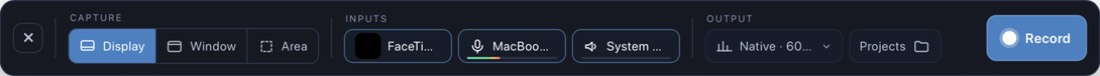 The ScreenCraft recorder bar: capture mode, camera, microphone and system audio inputs, output settings and a Record button
